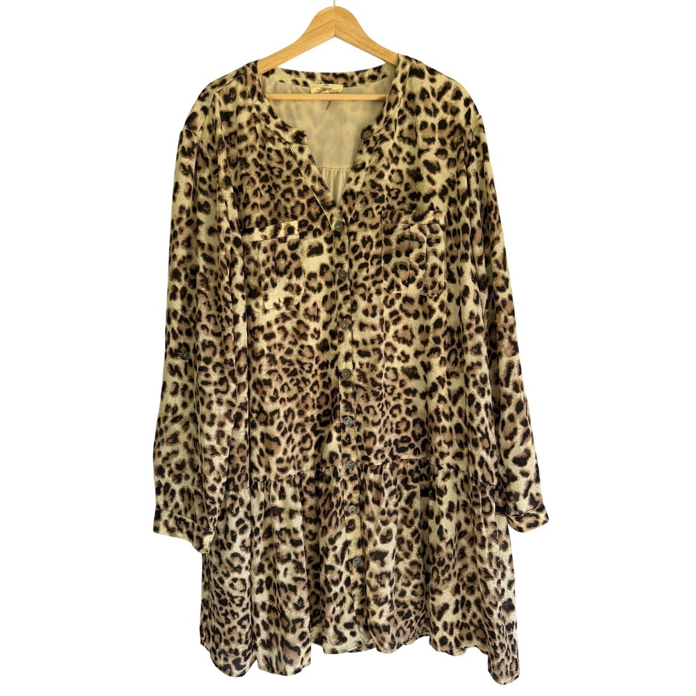 Entro Leopard Print Button Down Tiered Babydoll Mini Dress 2X D14901P Brown